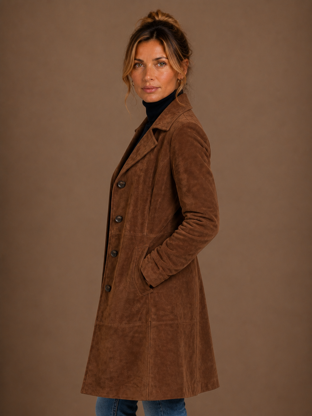 Women's Vintage Suede Longline Coat - Long Button Up Trench Jacket