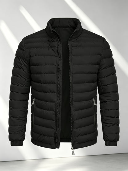 Men's College-Style Stand-Up Collar Jacket, Warm Outerwear Casual Windproof Coat with Zippered Pockets, Suitable for Winter Wear