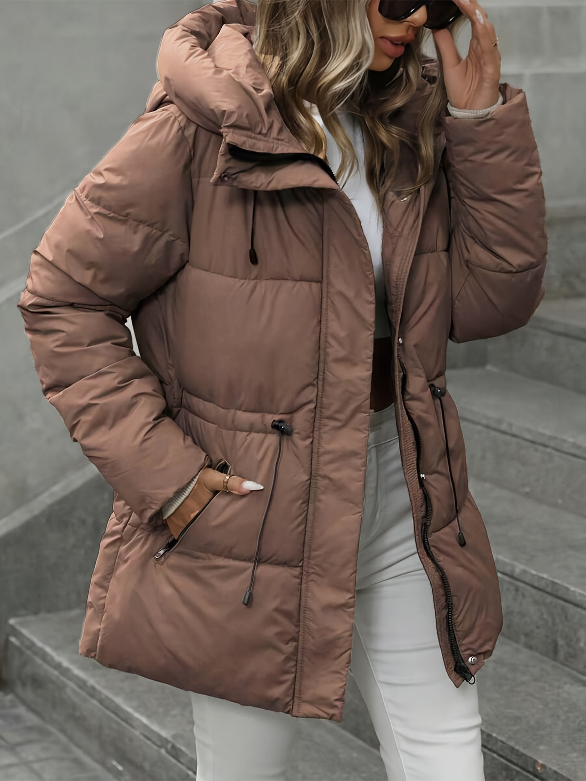 Women’s Windproof Hooded Jacket with Zippered Pockets - Midi Length