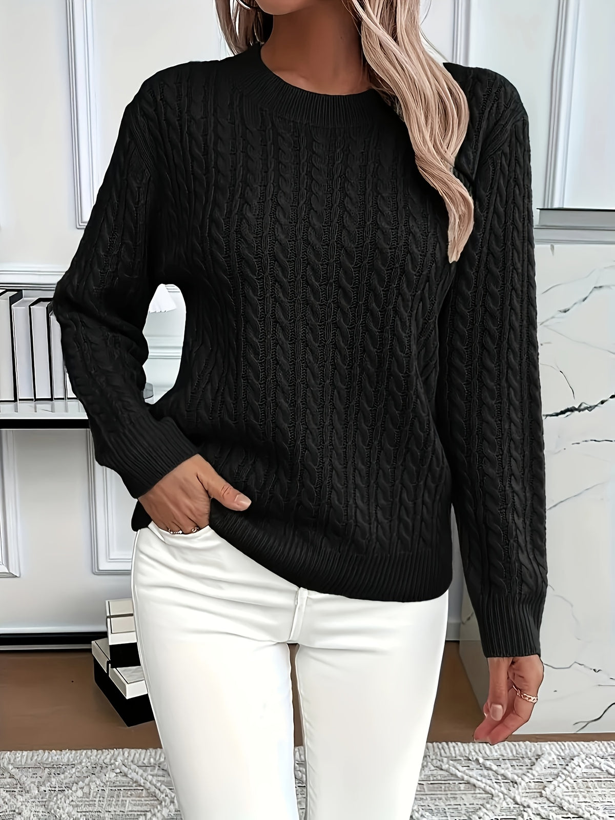 Women's Casual Loose-Fit Round Neck Long Sleeve Pullover Sweater