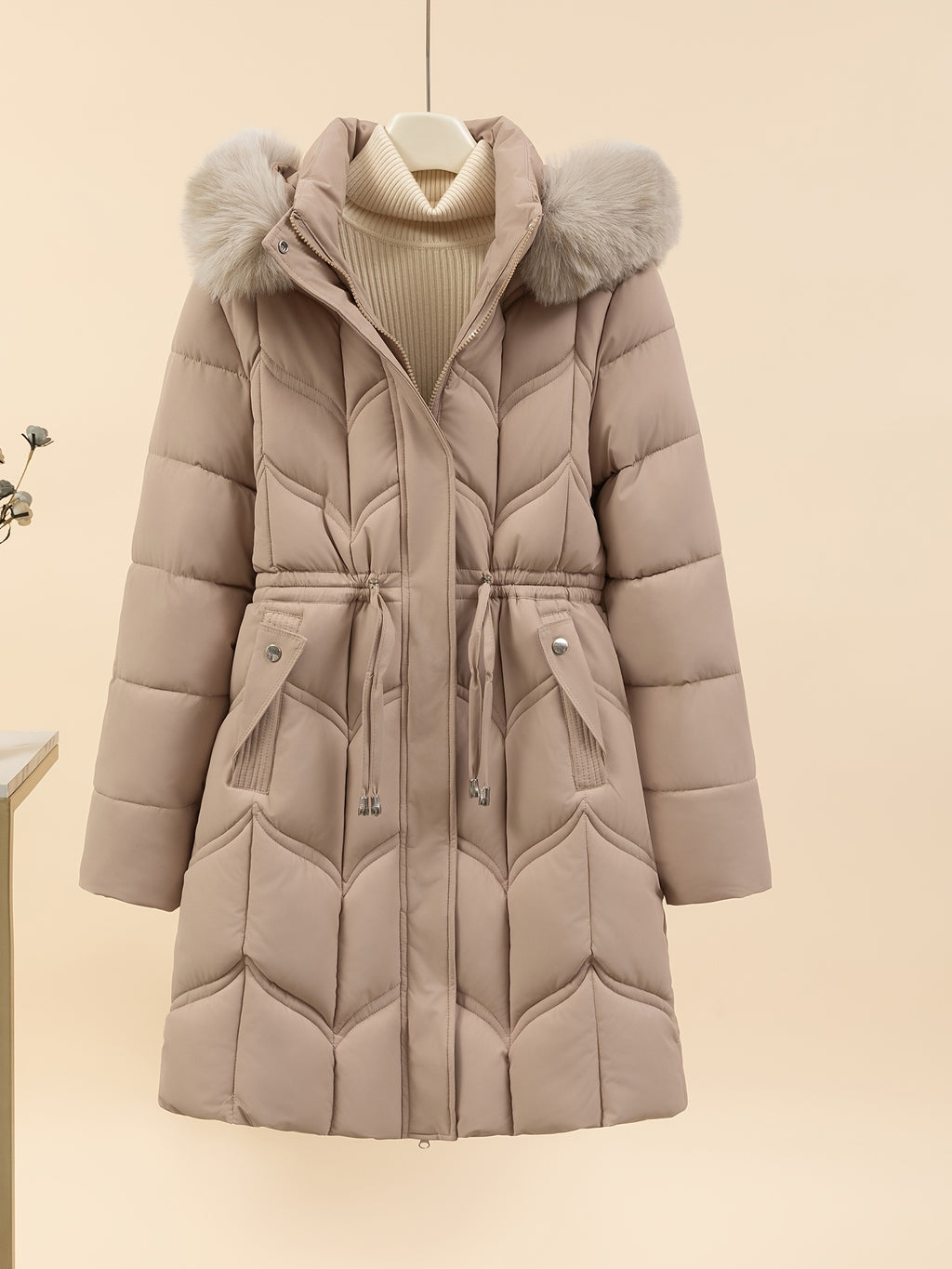 Women’s Long-Sleeve Faux Puffer Jacket, Slim Fit Warm Coat