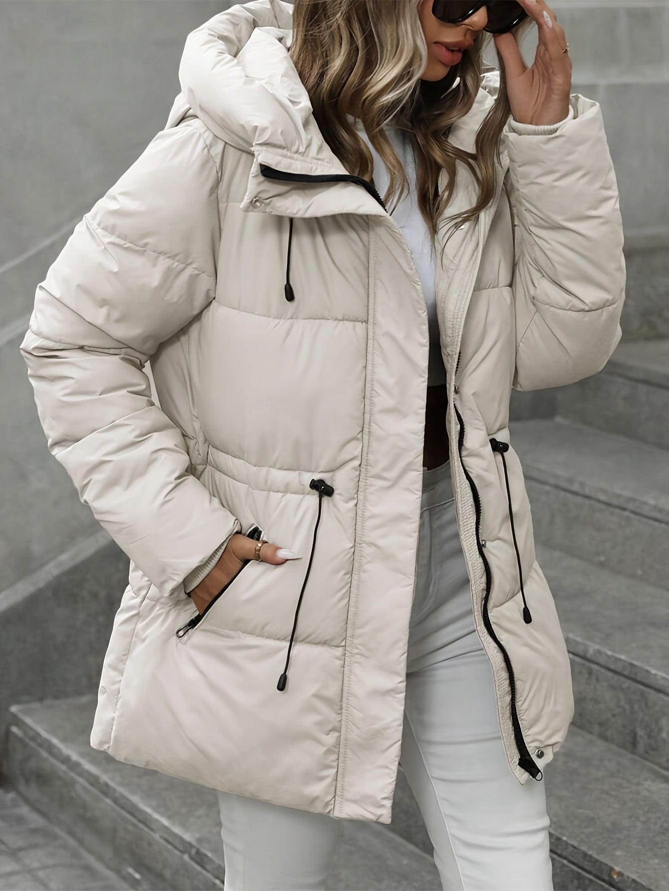 Women’s Windproof Hooded Jacket with Zippered Pockets - Midi Length
