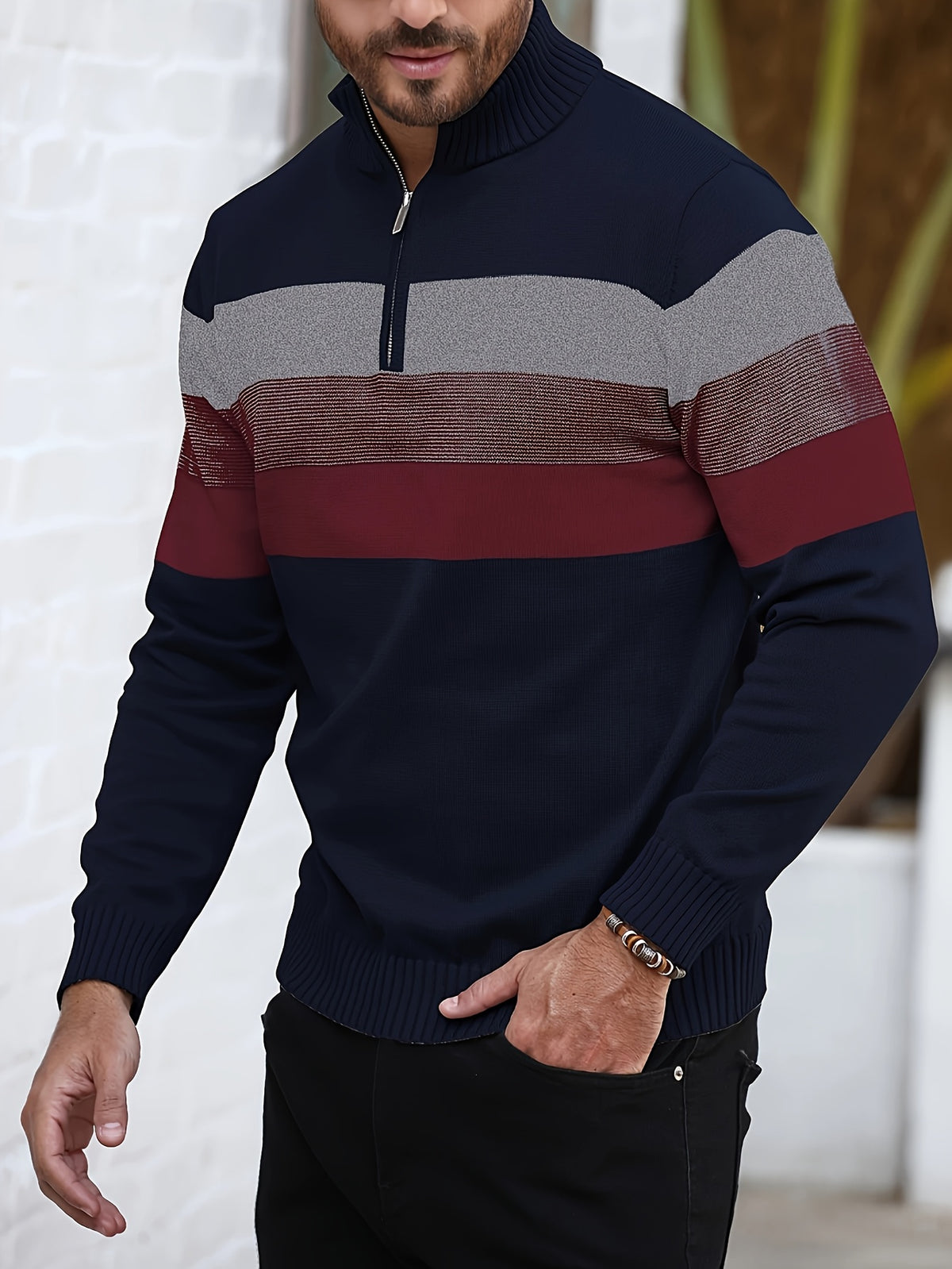 Men's Striped Knit Sweater, Soft Viscose Blend, Warm Casual Top