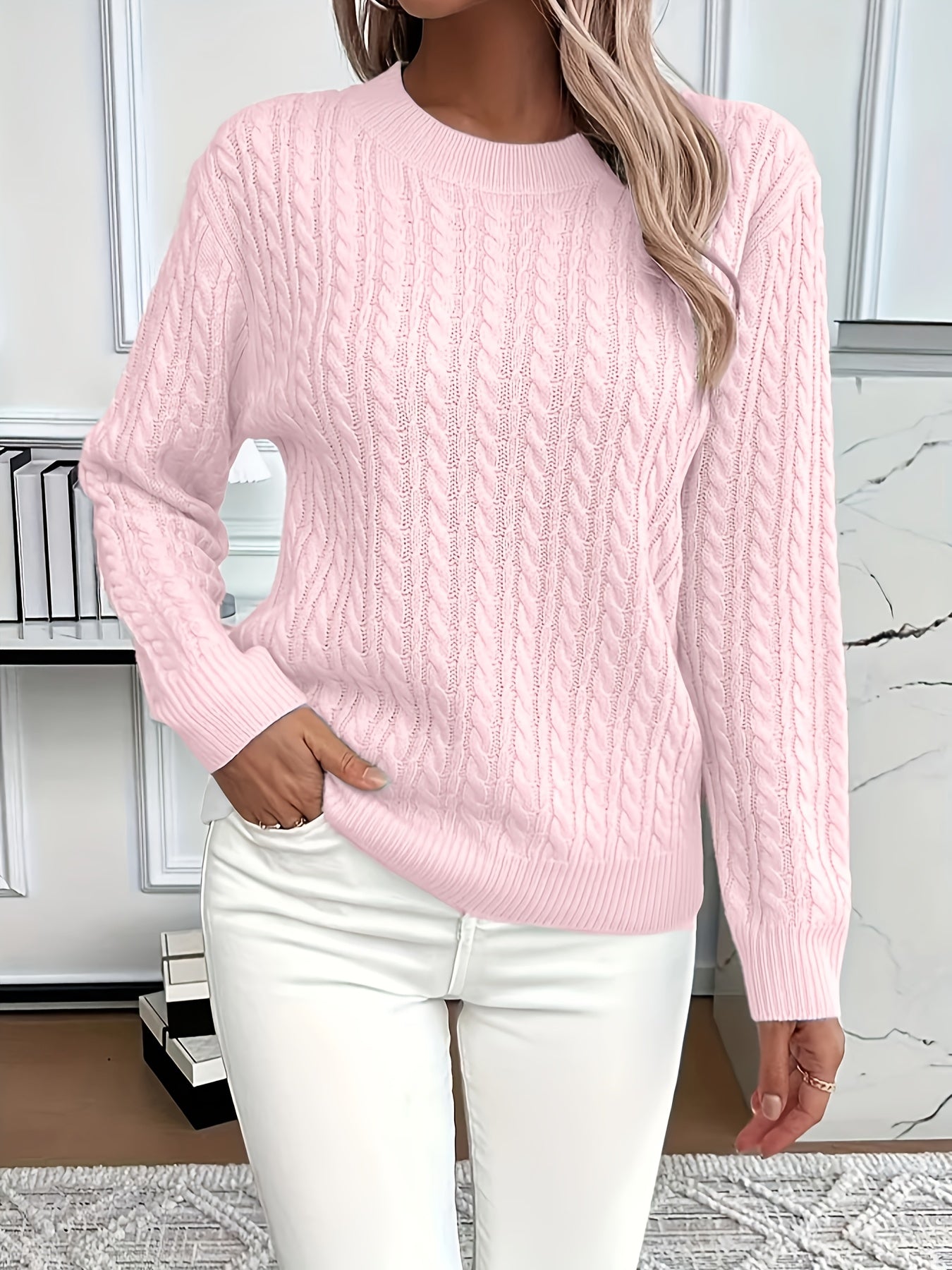 Women's Casual Loose-Fit Round Neck Long Sleeve Pullover Sweater