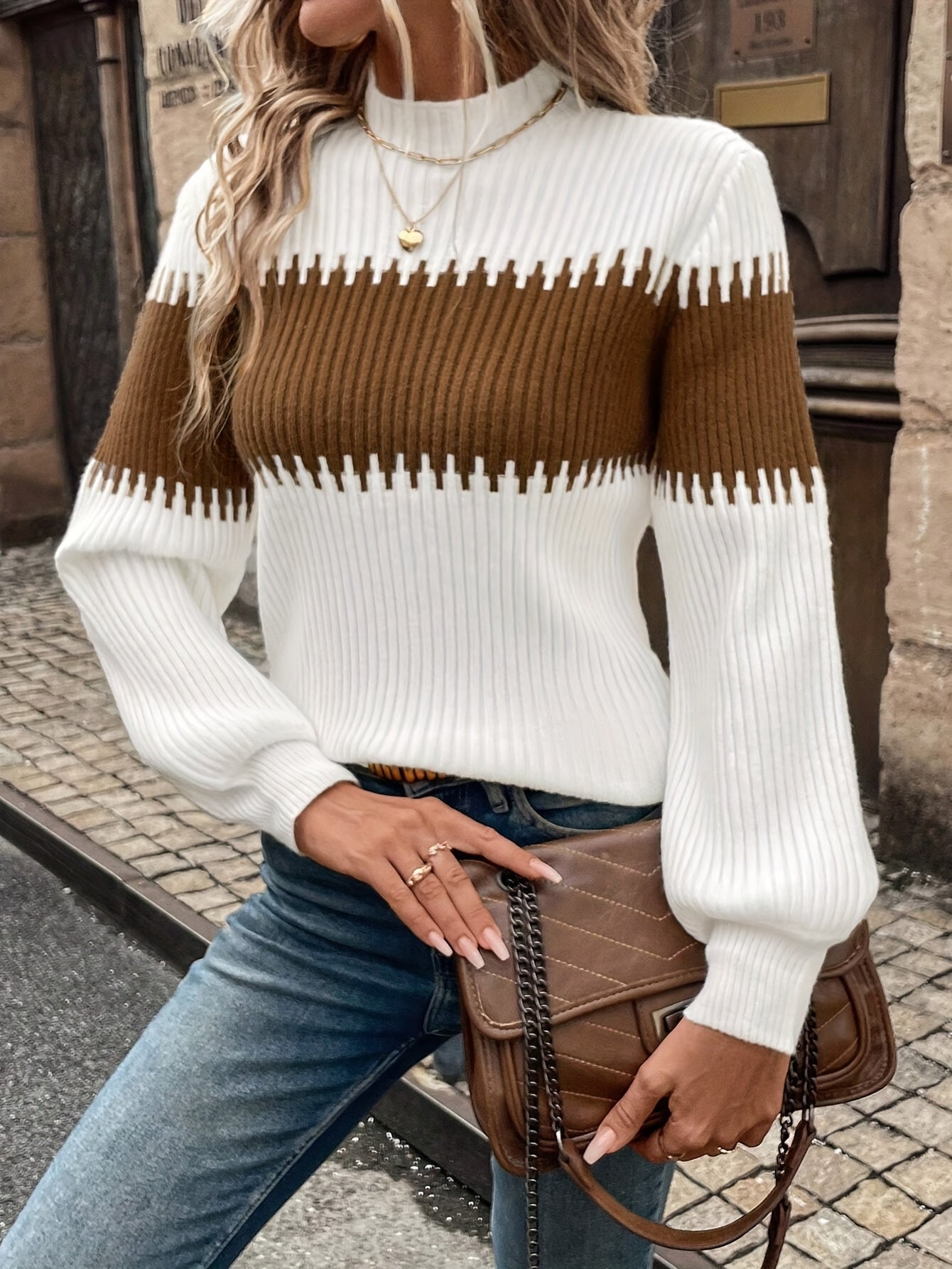 Women's Half-Turtleneck Lantern Sleeve Sweater for Refined Comfort