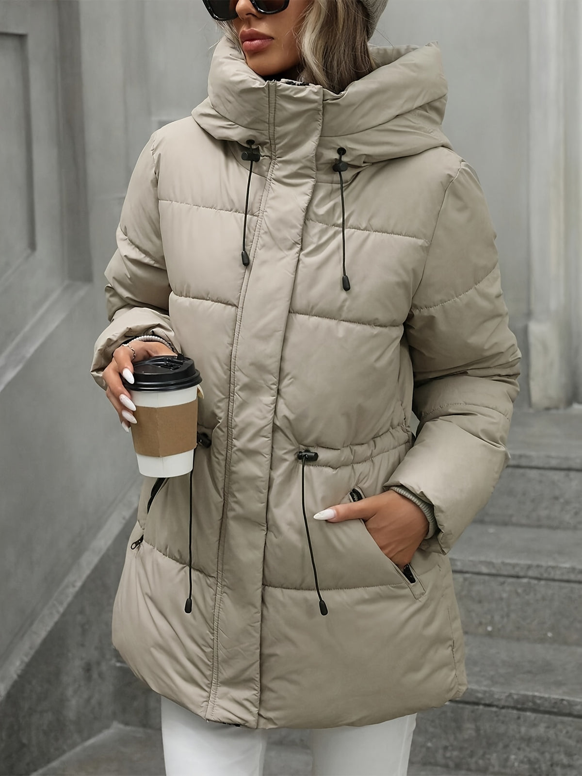 Women’s Windproof Hooded Jacket with Zippered Pockets - Midi Length