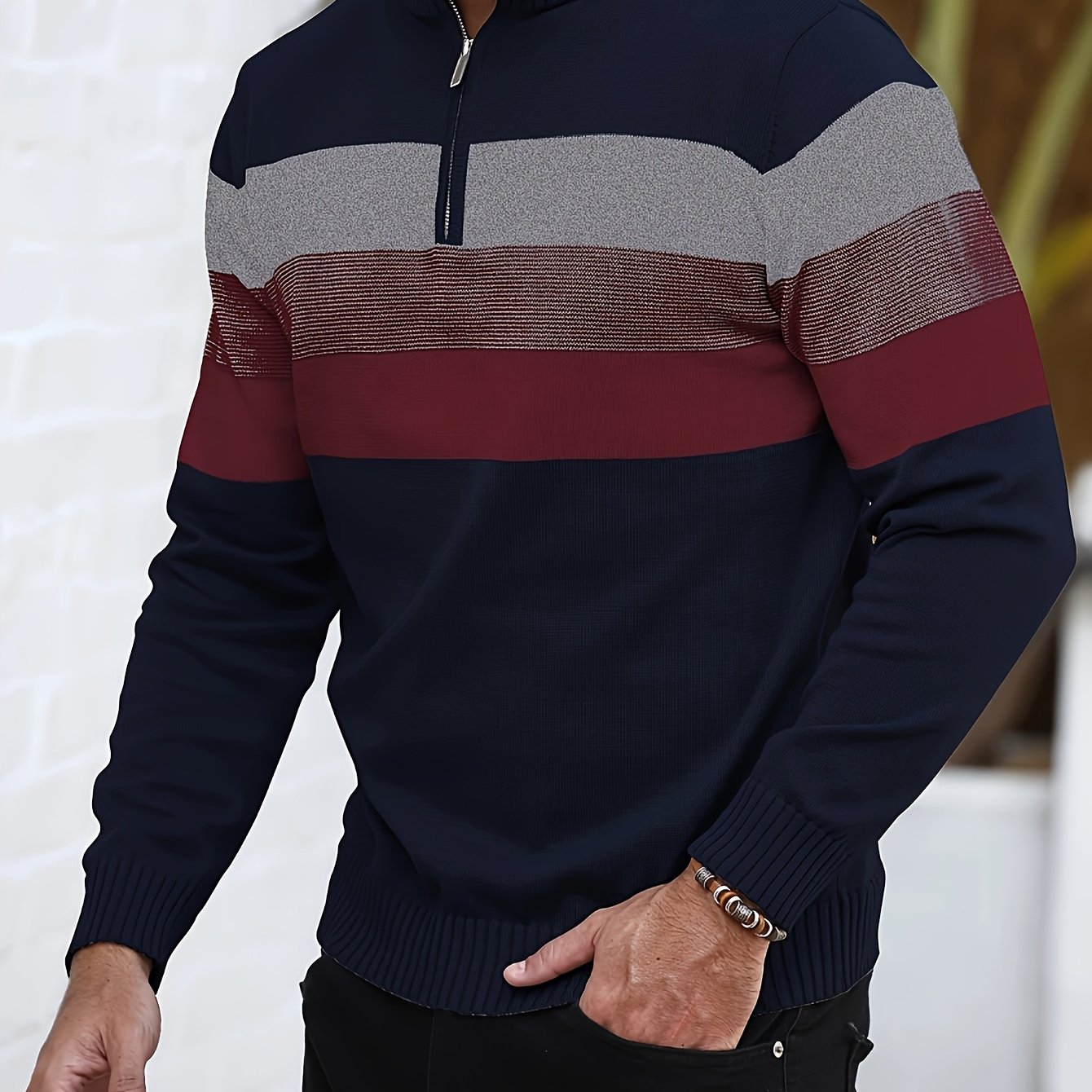 Men's Striped Knit Sweater, Soft Viscose Blend, Warm Casual Top