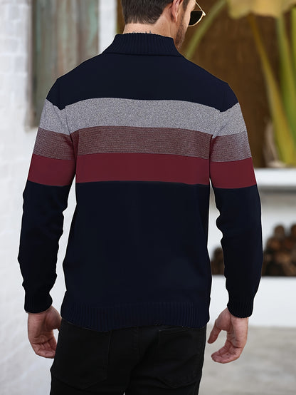 Men's Striped Knit Sweater, Soft Viscose Blend, Warm Casual Top