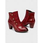 Ruched Block Heel Ankle Boots with Floral Buttons for Women