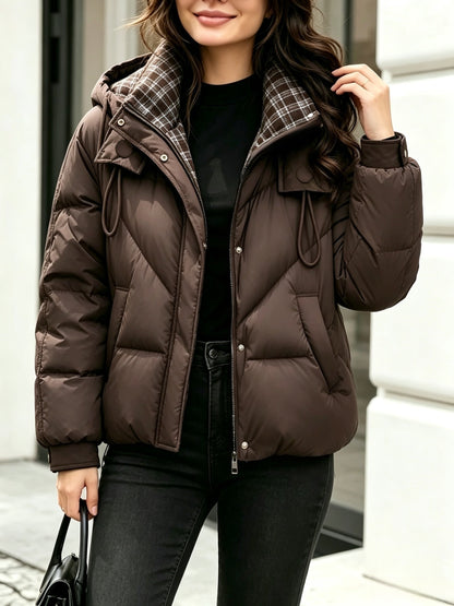 Women's Hooded Plaid Jacket - Warm Polyester Outerwear for Winter