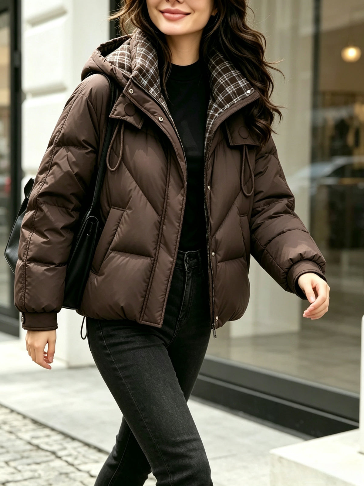 Women's Hooded Plaid Jacket - Warm Polyester Outerwear for Winter