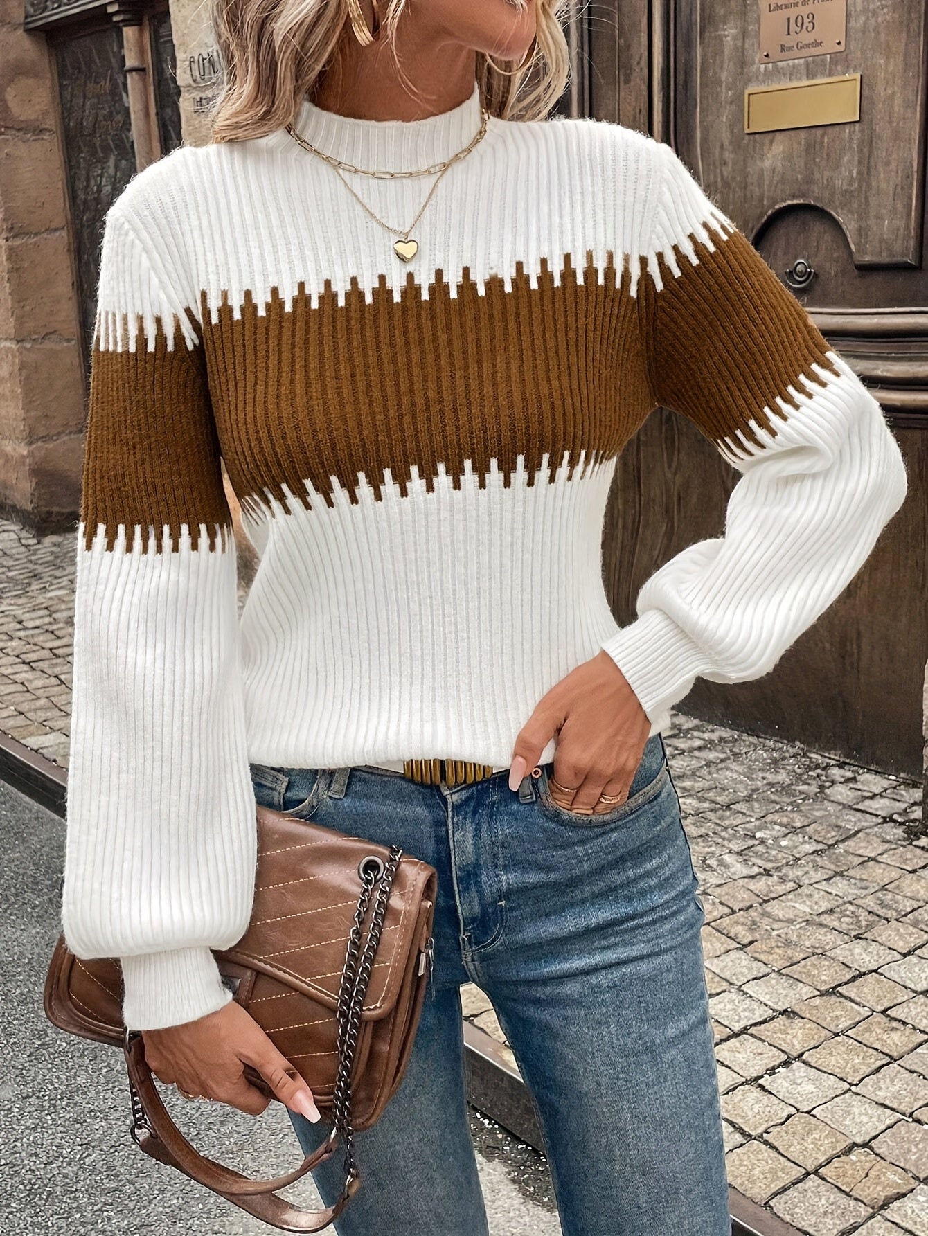 Women's Half-Turtleneck Lantern Sleeve Sweater for Refined Comfort
