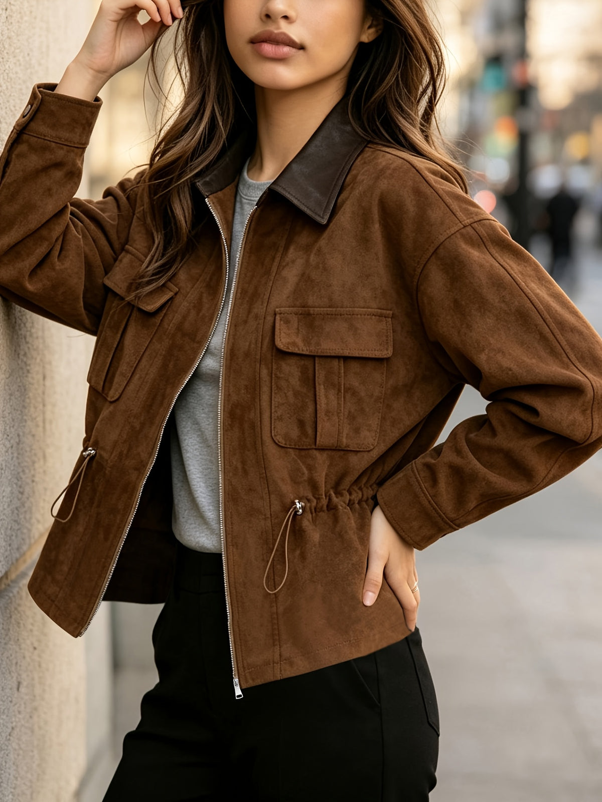 Women’s Drawstring Waist-Cinching Jacket - Casual Corduroy Short Coat
