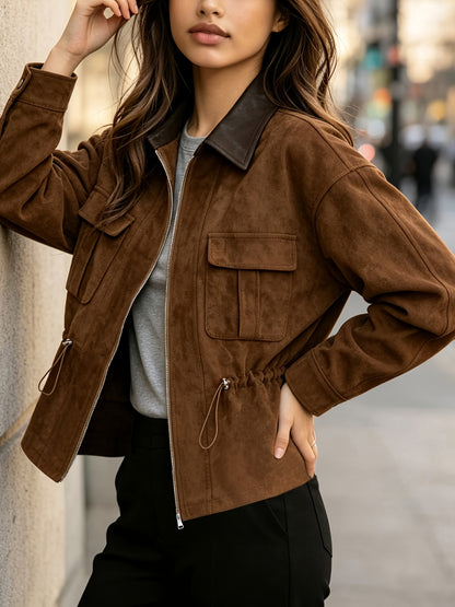 Women’s Drawstring Waist-Cinching Jacket - Casual Corduroy Short Coat