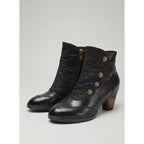 Ruched Block Heel Ankle Boots with Floral Buttons for Women