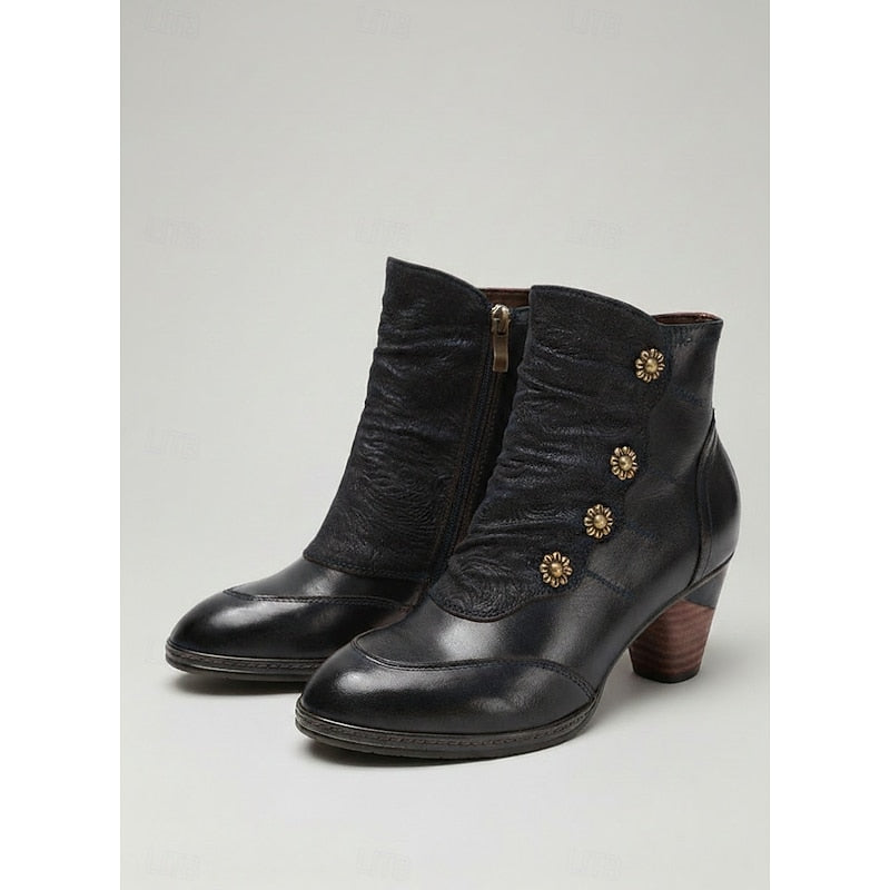 Ruched Block Heel Ankle Boots with Floral Buttons for Women