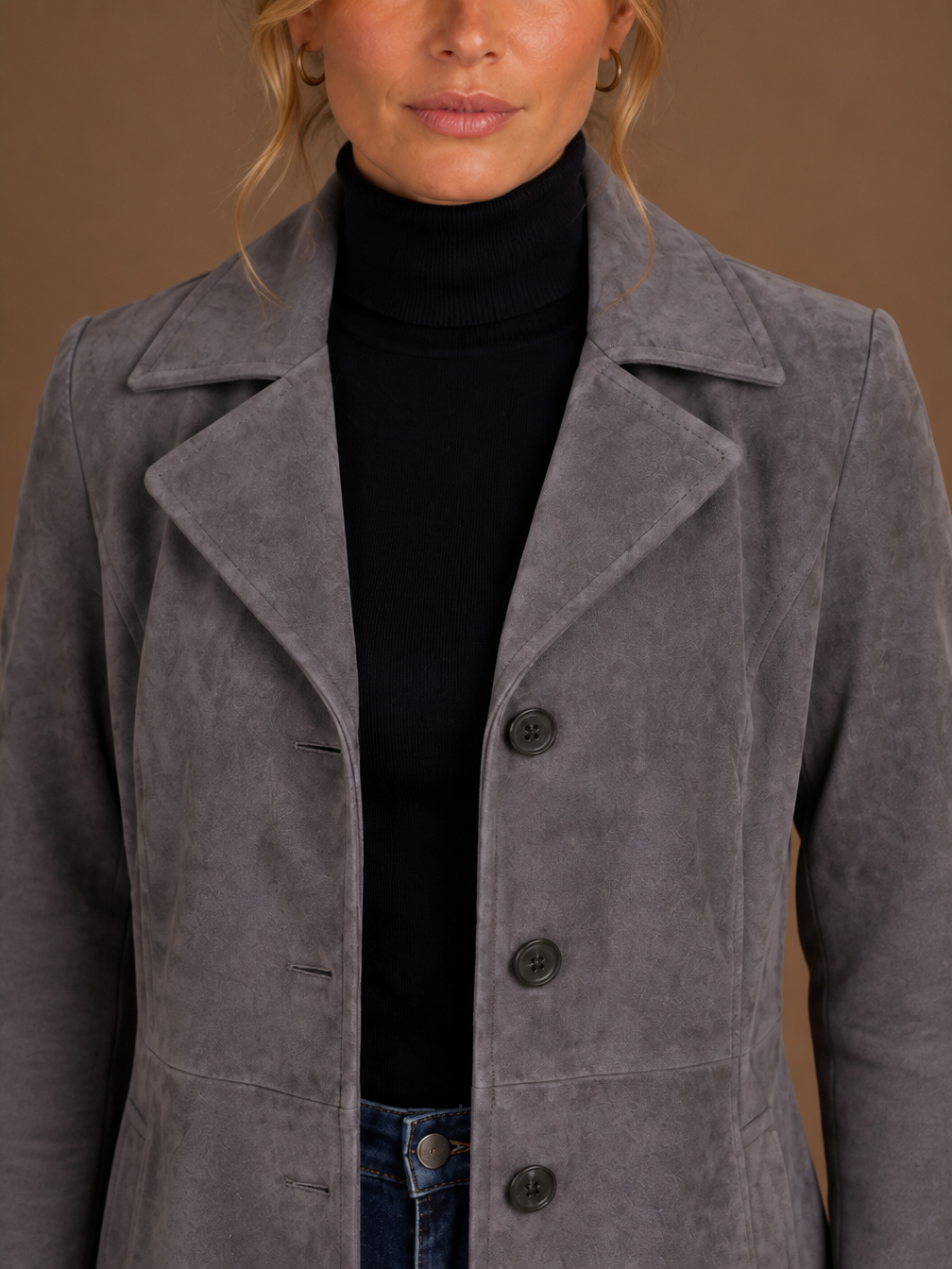 Women's Vintage Suede Longline Coat - Long Button Up Trench Jacket