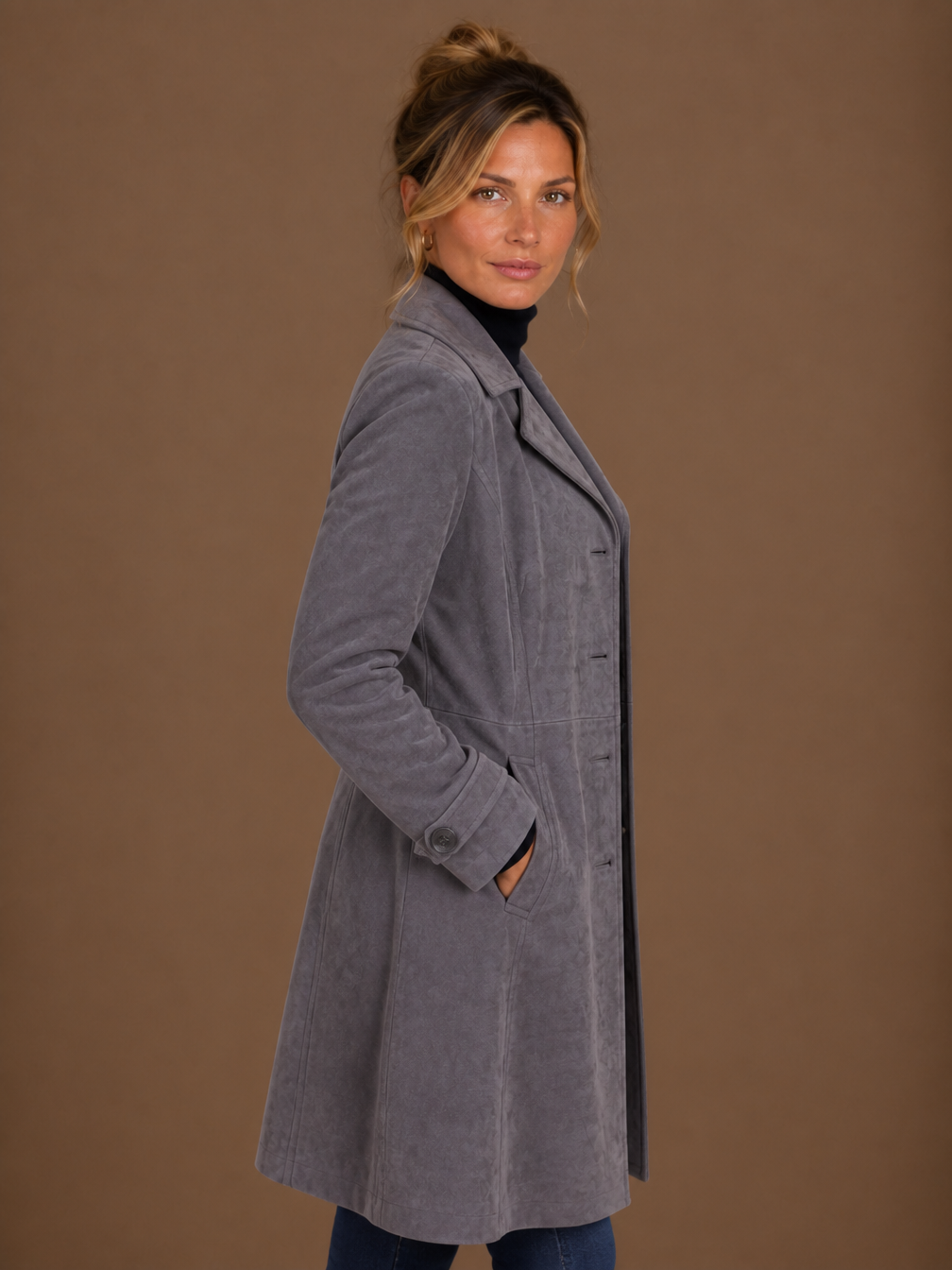 Women's Vintage Suede Longline Coat - Long Button Up Trench Jacket
