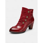 Ruched Block Heel Ankle Boots with Floral Buttons for Women