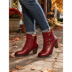 Ruched Block Heel Ankle Boots with Floral Buttons for Women