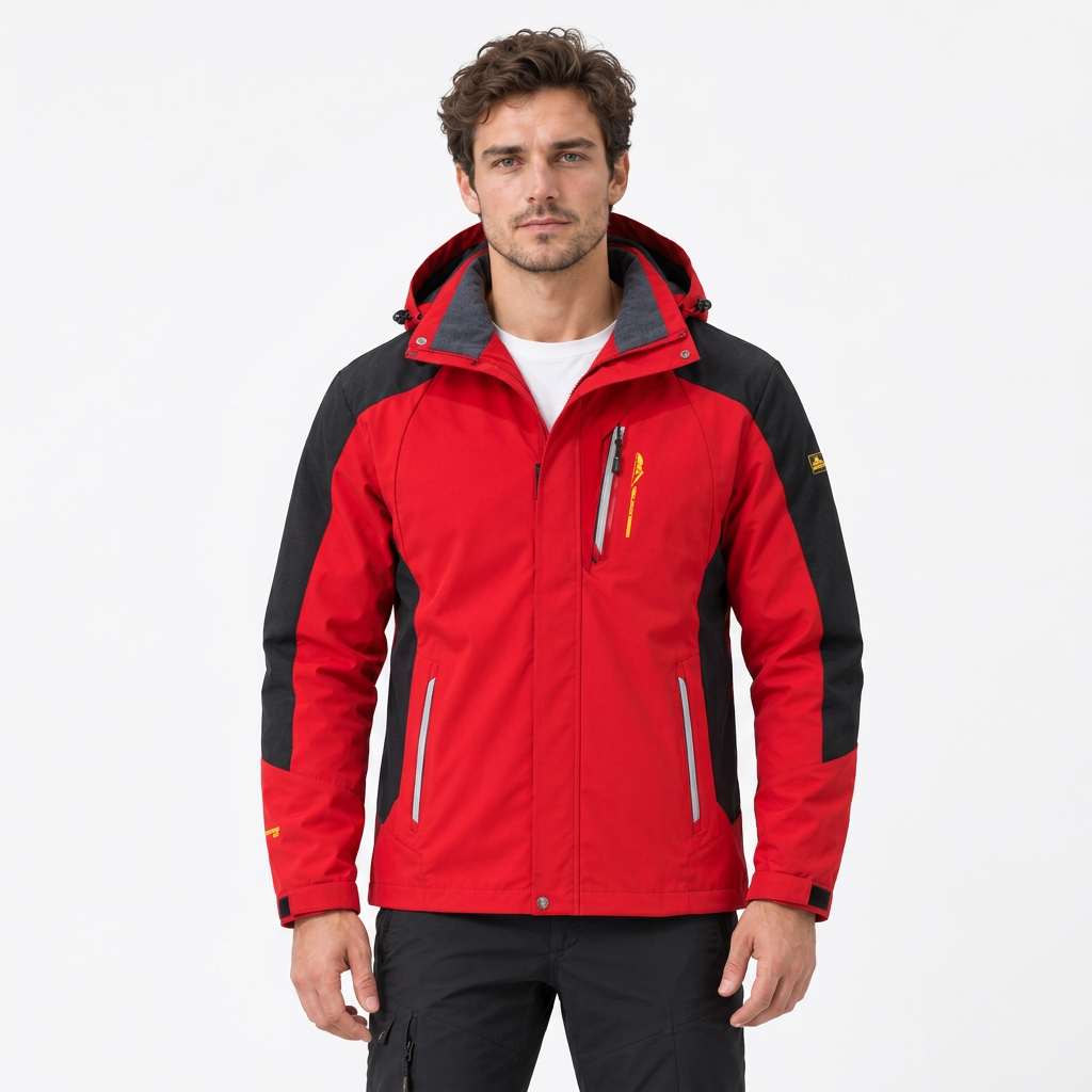 Man modelling red hooded hiking jacket
