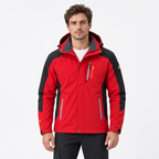 Man modelling red hooded hiking jacket
