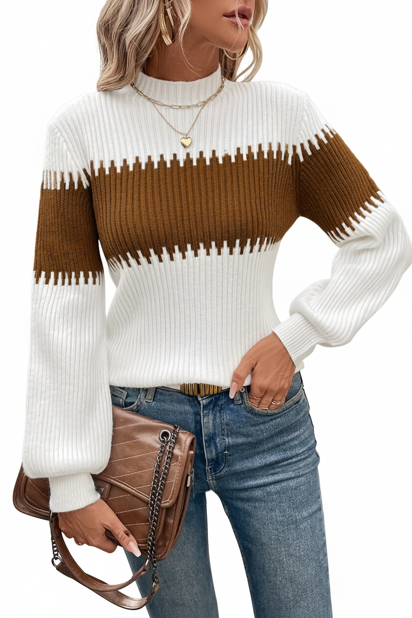Half-Turtleneck Lantern Sleeve Sweater - White Camel Full