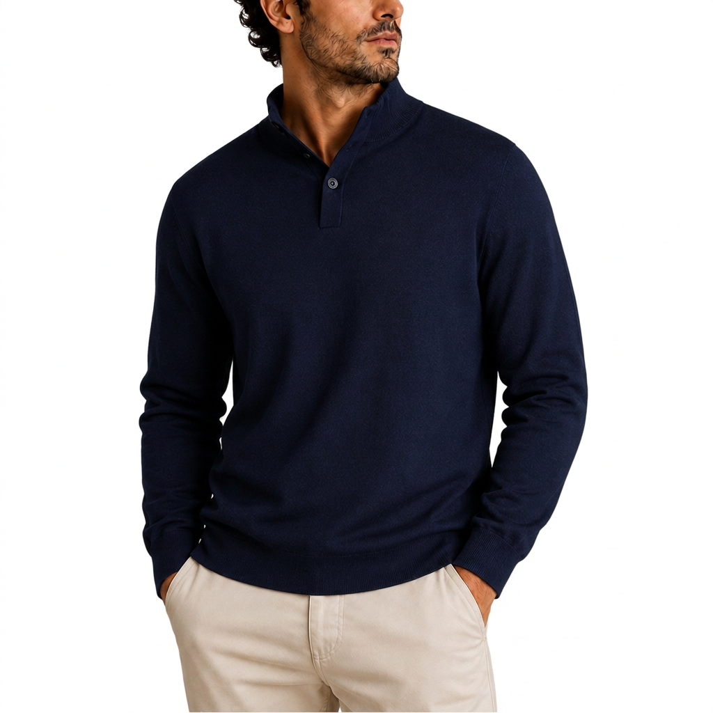 Men’s Long Sleeve Knit Polo Sweater with Ribbed Cuffs and Hem
