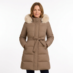 Light brown belted parka on a new model, front view on white background
