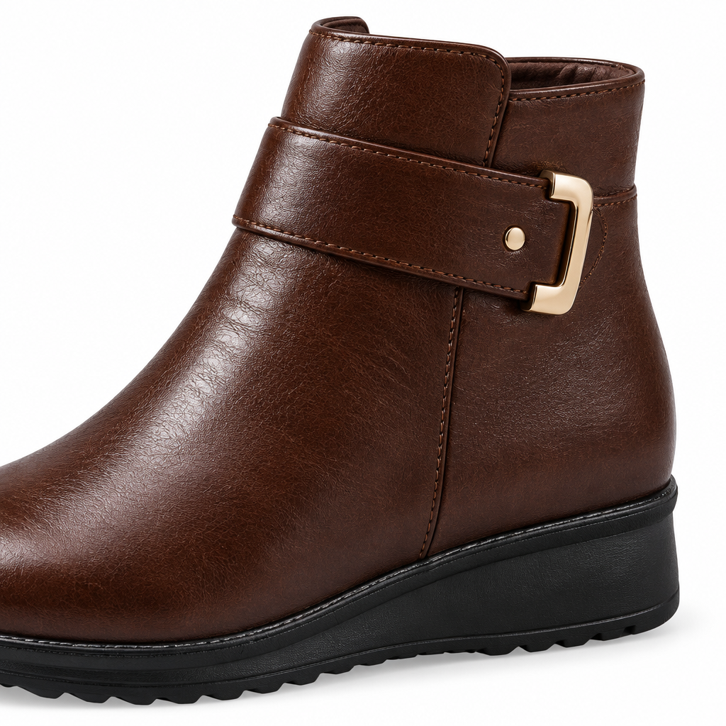 Brown ankle boot buckle detail