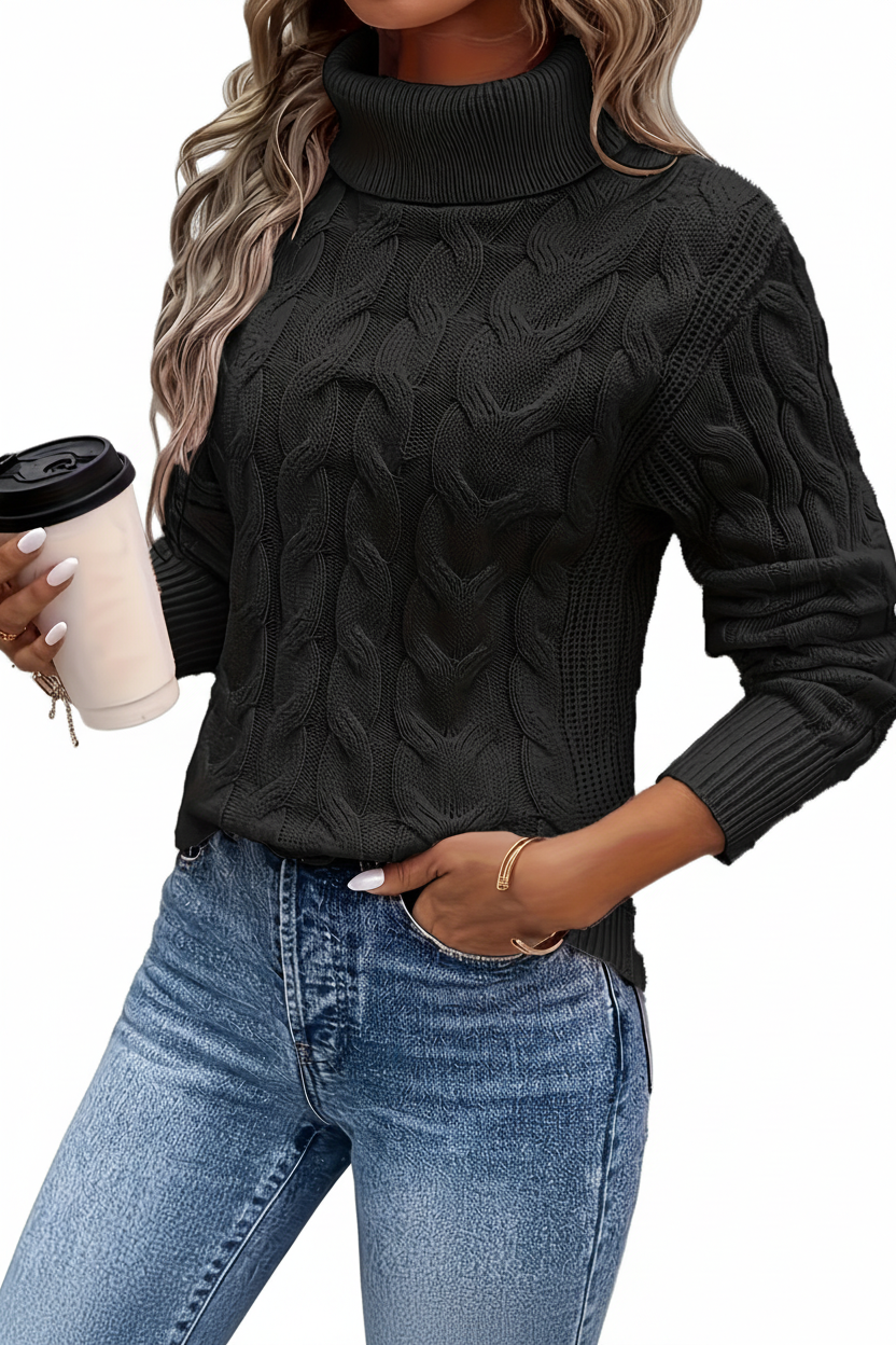 High-Neck Cable Sweater - Black