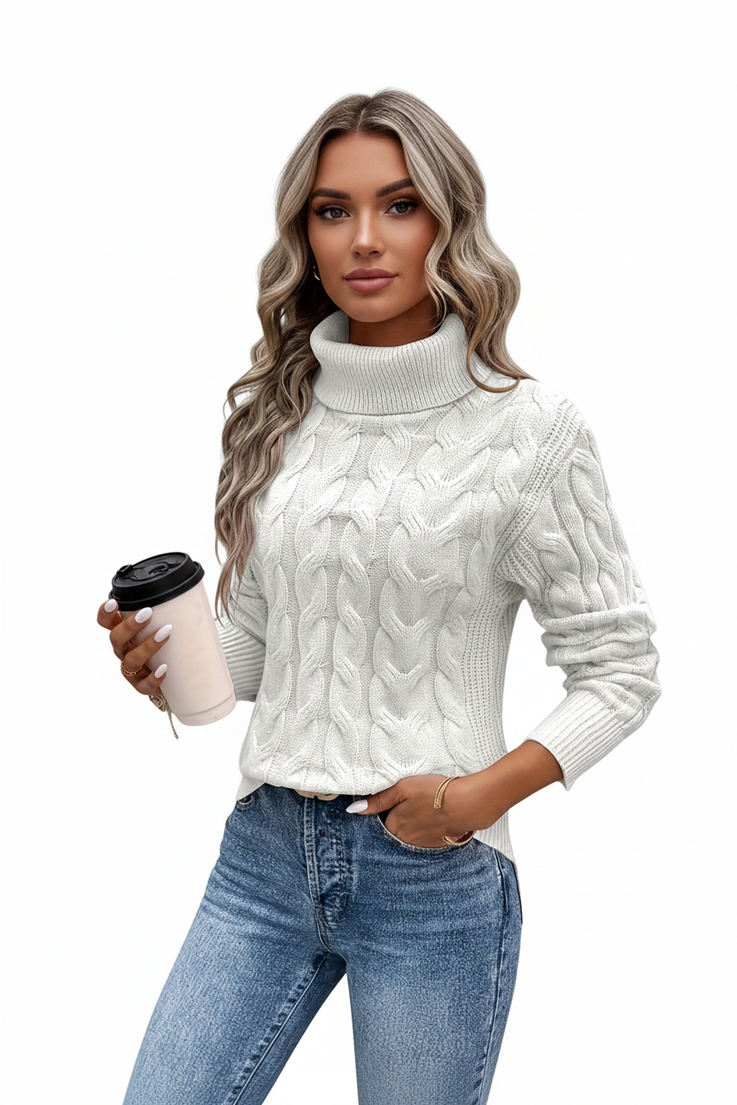 High-Neck Cable Sweater - modell framifrån