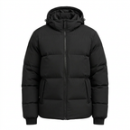 Black men's hooded puffer jacket on white background