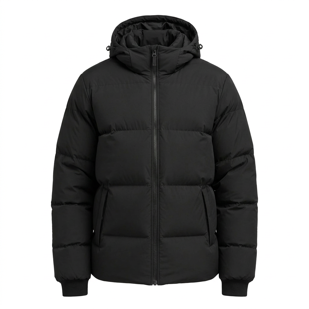 Black men's hooded puffer jacket on white background