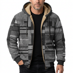 Man modelling grey patchwork hooded jacket
