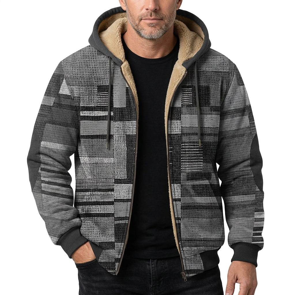 Man modelling grey patchwork hooded jacket