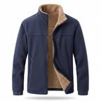 Navy sherpa-lined fleece jacket on white background