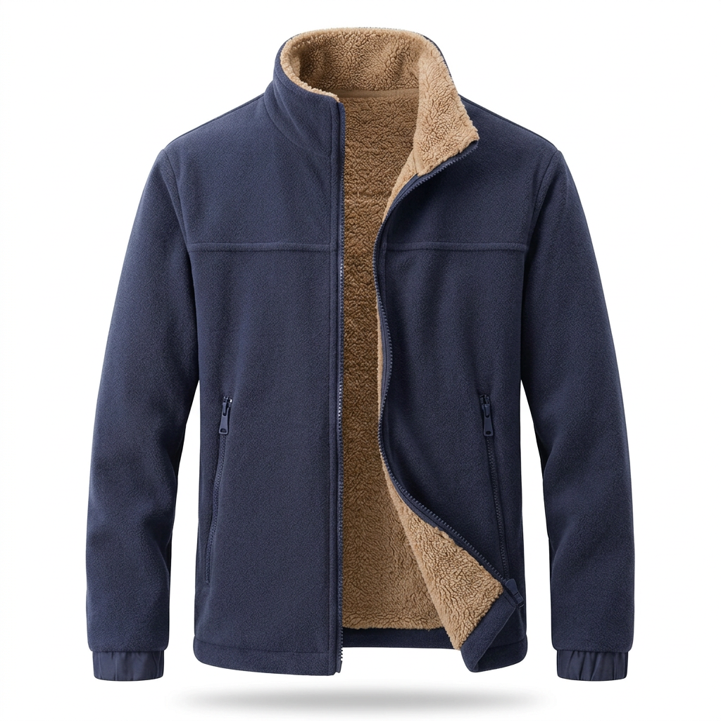 Navy sherpa-lined fleece jacket on white background