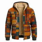Orange patchwork hooded jacket on white background