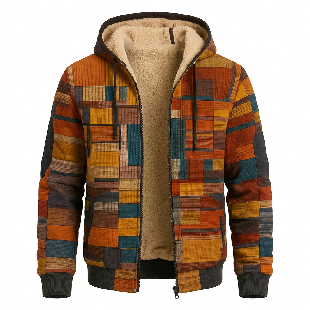 Orange patchwork hooded jacket on white background