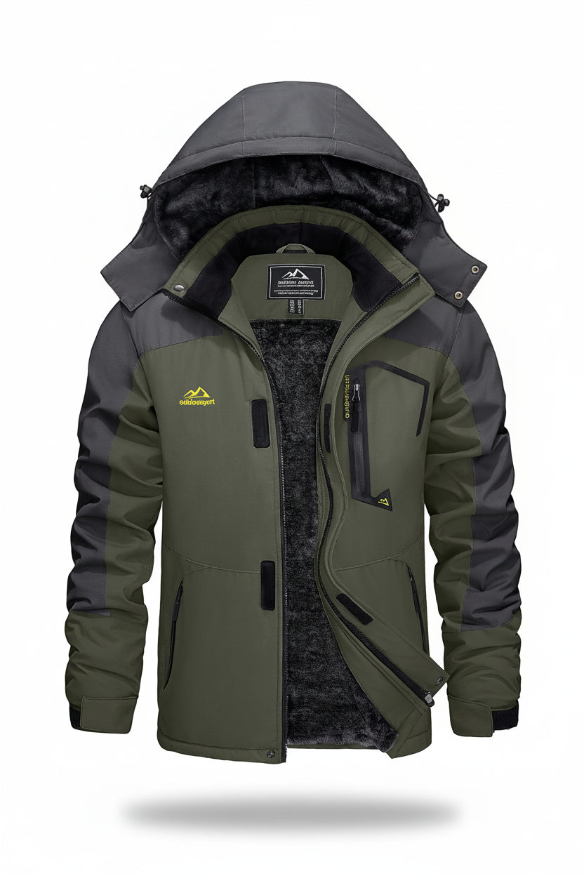Men's hooded winter fleece lined jacket on a white background