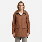 Woman modelling Coffee hooded rain jacket