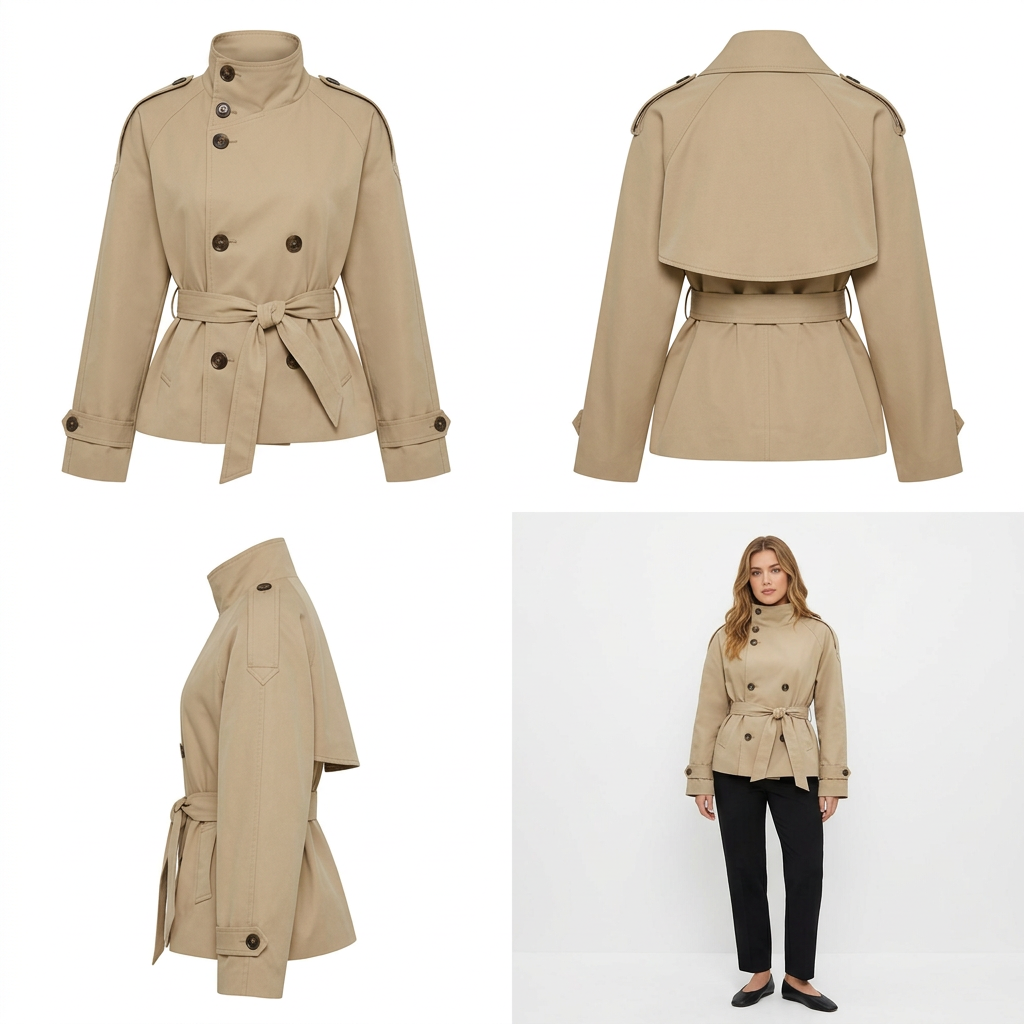 Women's Short Double-Breasted Trench Coat with Belt