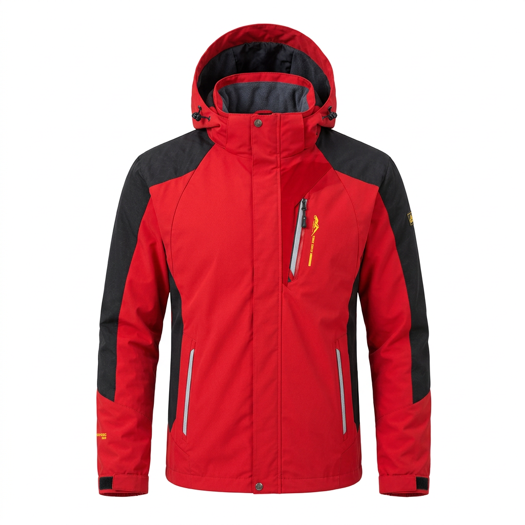 Red hooded hiking jacket on white background