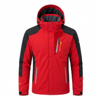 Red hooded hiking jacket on white background