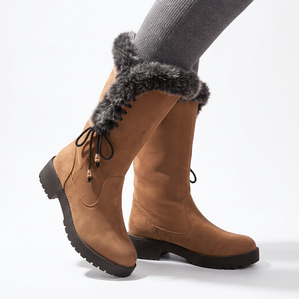 Women's Suede Mid Calf Boots with Faux-Fur Cuff for Cold Weather