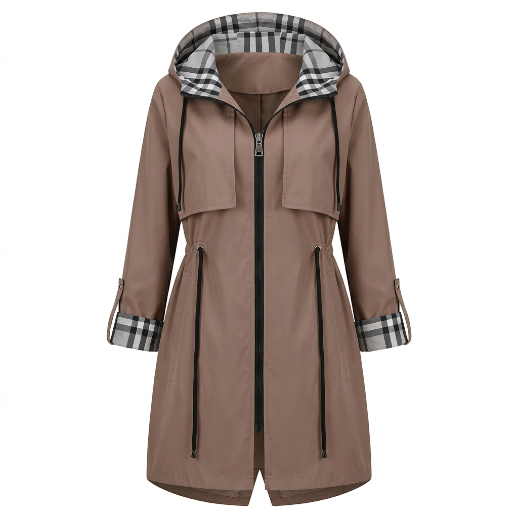 Brown hooded zip coat on white background