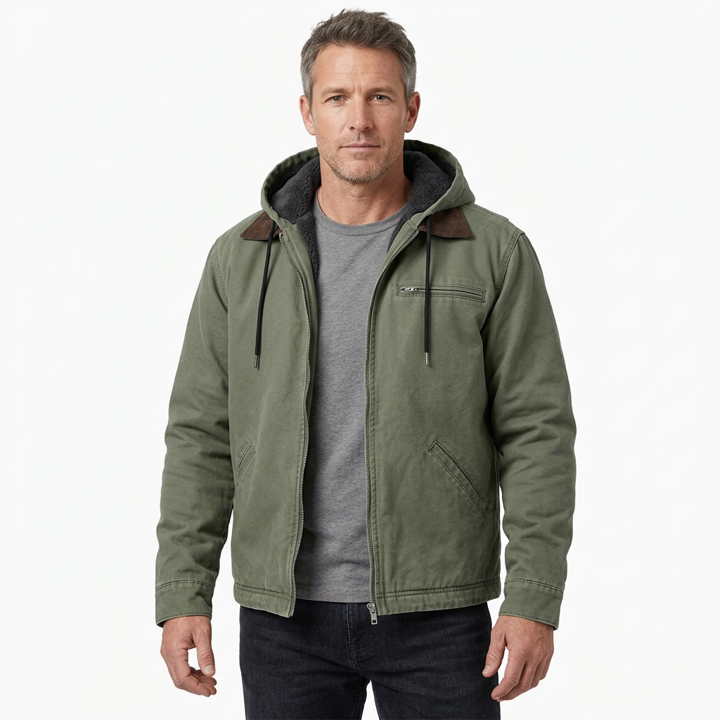 Men's Hooded Jacket with Zip Front and Drawstring Hood for Casual Wear