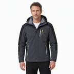 Man modelling dark grey hooded hiking jacket