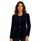 Dark blue velvet blazer on white background